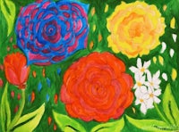 a painting of colorful flowers on a green background