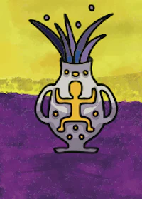 a purple and yellow vase with a man in it
