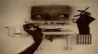 a black and white photograph of a woman holding a cigarette in front of a mirror