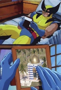 wolverine in a bed with a picture of a man in a bed