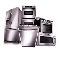 a group of stainless steel appliances on a black background