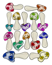 a group of colorful mushrooms on a white background