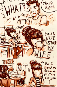 a drawing of a man and a woman talking to each other