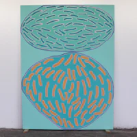 a blue and orange painting on a wall
