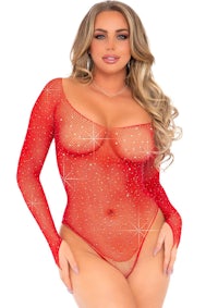 red long sleeved bodysuit with rhinestones