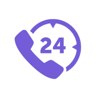 a purple phone icon with 24 hours on it