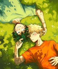 two anime characters laying down in the grass