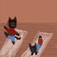 a drawing of two black cats doing yoga on a mat
