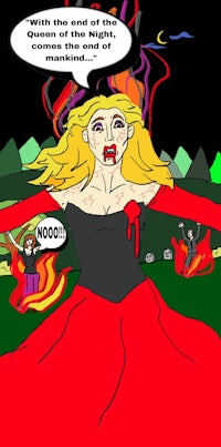 a cartoon of a woman in a red dress