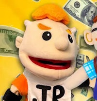 two stuffed animals standing next to a yellow background with money