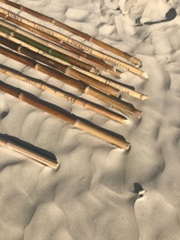 a group of bamboo sticks laying on the sand