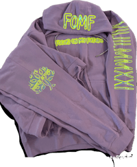 a purple hoodie with the words fomf on it