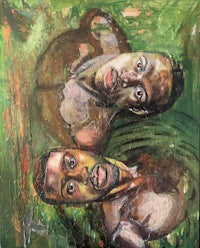 a painting of two men in the water