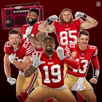 the san francisco 49ers are posing in front of a radio
