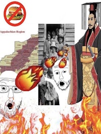 an image of an asian man with a burger on fire
