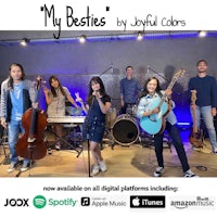 a group of people in a recording studio with the words'my besties by colorful colors'