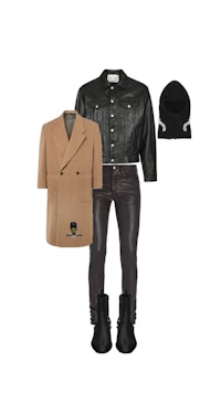 a black leather jacket, black pants and a beanie