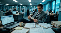 a man sitting at a desk with papers and a laptop