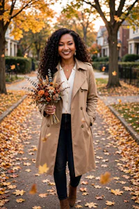 a black woman in a trench coat holding a bouquet of autumn leaves