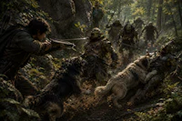 a group of men are running through a wooded area with dogs