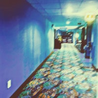 a blue carpeted hallway in a hotel