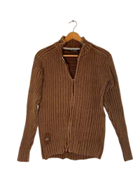 a brown sweater hanging on a hanger