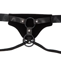 a black leather harness with a metal buckle