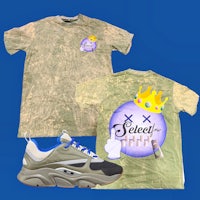 a t - shirt with a crown and a pair of sneakers
