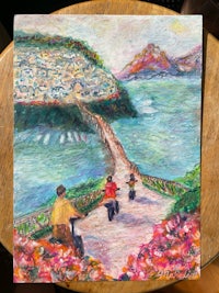 a painting of a bridge with people on it
