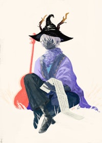 a witch wearing a hat and holding a guitar