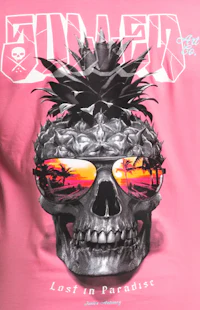 a pink t - shirt with a pineapple and sunglasses on it