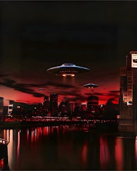 ufos flying over a city at night