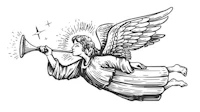 a black and white drawing of an angel blowing a trumpet