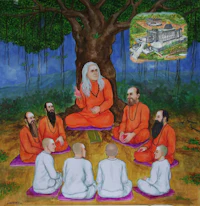 a painting of a group of people sitting under a tree
