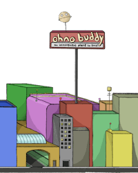 a cartoon of a building with a sign that says choo body
