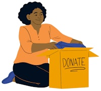 a woman sitting in a box with the words donate