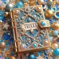 a blue and gold book surrounded by jewels