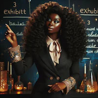 a black woman in a suit standing in front of a chalkboard