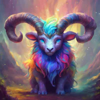 a colorful ram with long horns