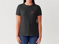 a woman wearing a black t - shirt with red lettering