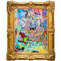 a colorful painting in a gold frame