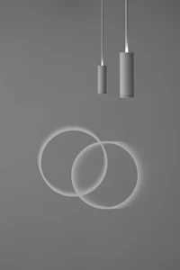 a black and white image of a pendant light with a circle in the middle