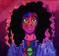 a painting of a woman with a purple and pink face