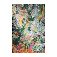 an abstract painting with colorful swirls on a green background