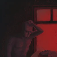 a drawing of a man with a mask on his head