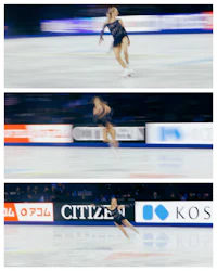 four pictures of a figure skater in motion