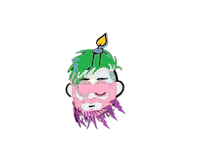 man with green hair, a fuscia beard made of lightning bolts, and a candle flickering securely atop his head