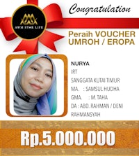 a woman wearing a hijab with the words'perah voucher umpoh europa'