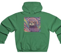 a green hoodie with an image of an otter on it