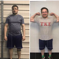 two pictures of a man posing before and after his weight loss